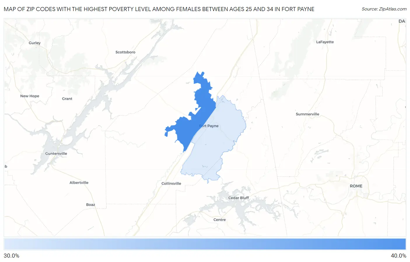 Zip Codes with the Highest Poverty Level Among Females Between Ages 25 and 34 in Fort Payne Map