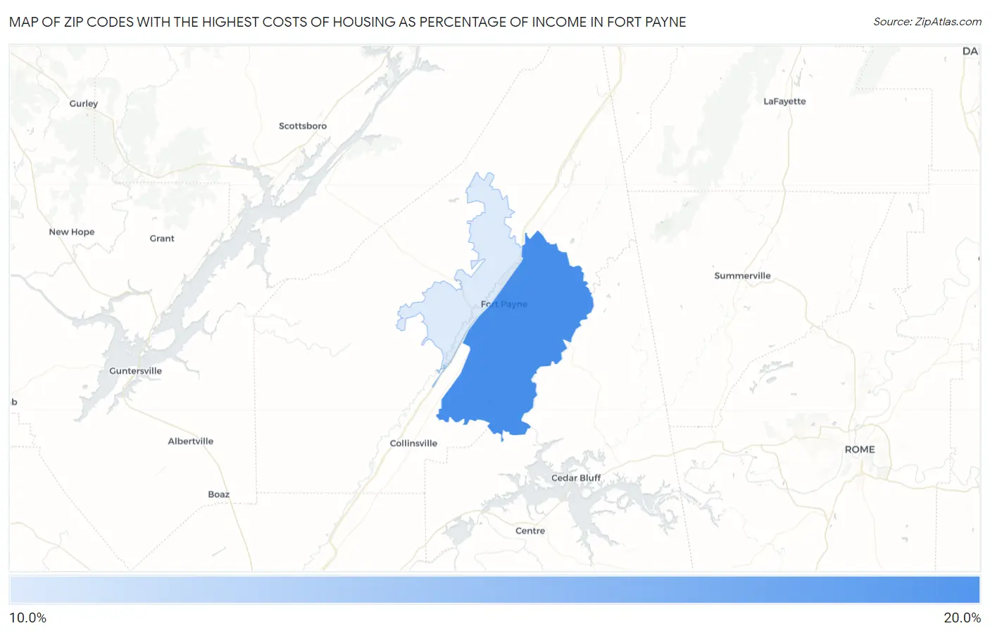 Zip Codes with the Highest Costs of Housing as Percentage of Income in Fort Payne Map