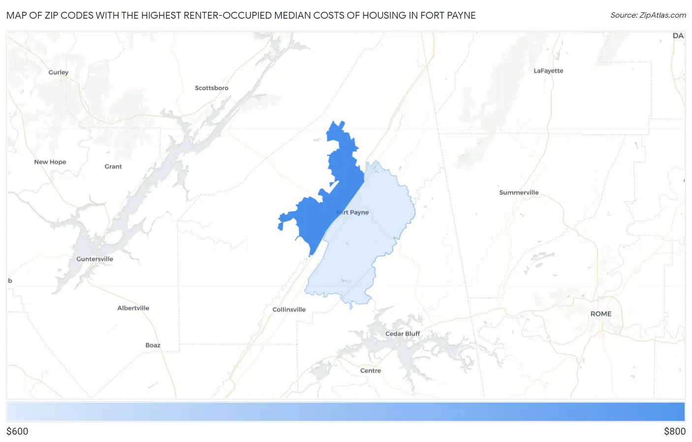 Zip Codes with the Highest Renter-Occupied Median Costs of Housing in Fort Payne Map
