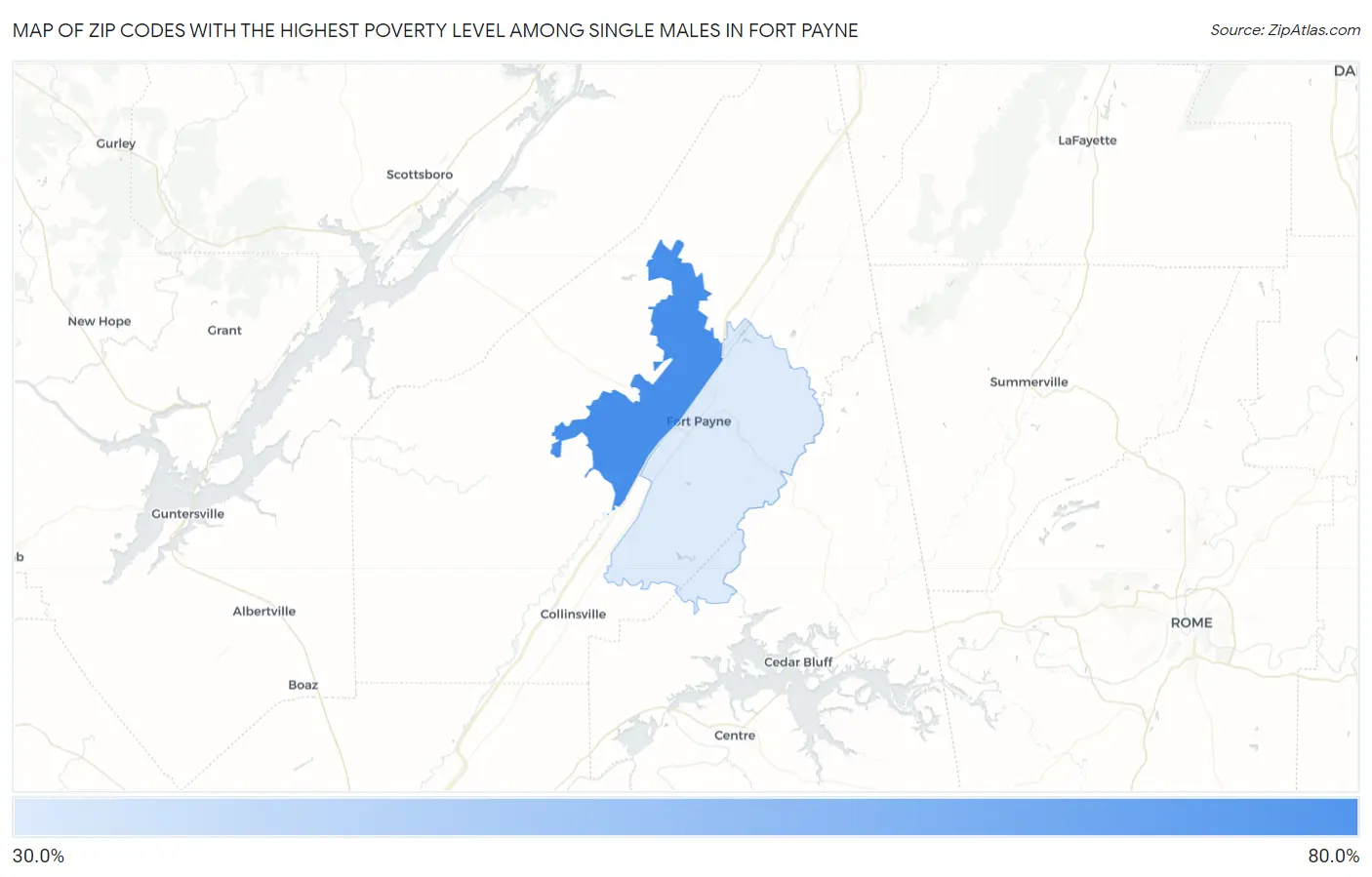 Zip Codes with the Highest Poverty Level Among Single Males in Fort Payne Map