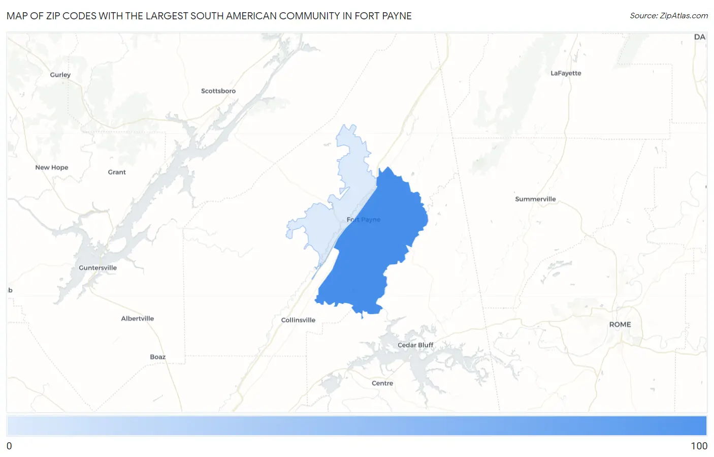 Zip Codes with the Largest South American Community in Fort Payne Map