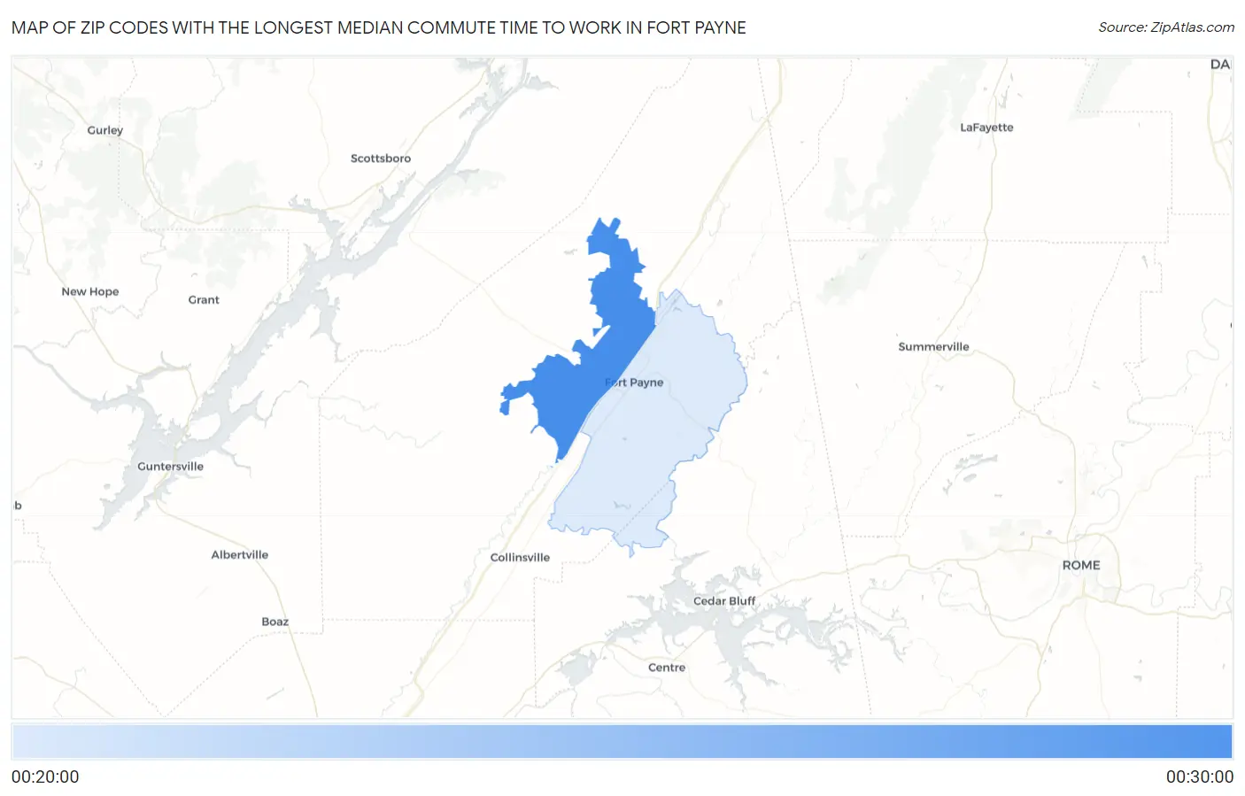 Zip Codes with the Longest Median Commute Time to Work in Fort Payne Map