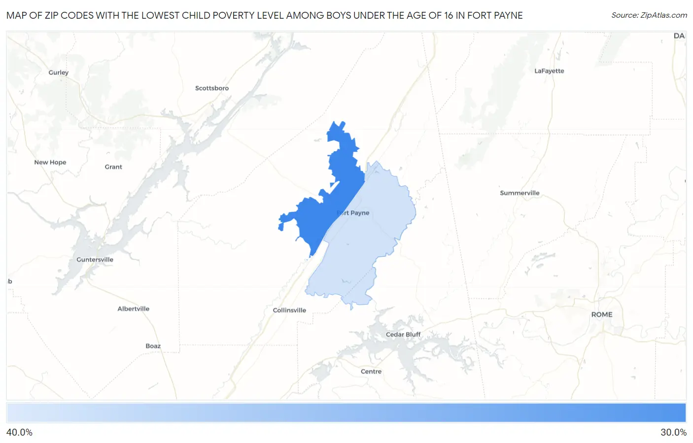 Zip Codes with the Lowest Child Poverty Level Among Boys Under the Age of 16 in Fort Payne Map