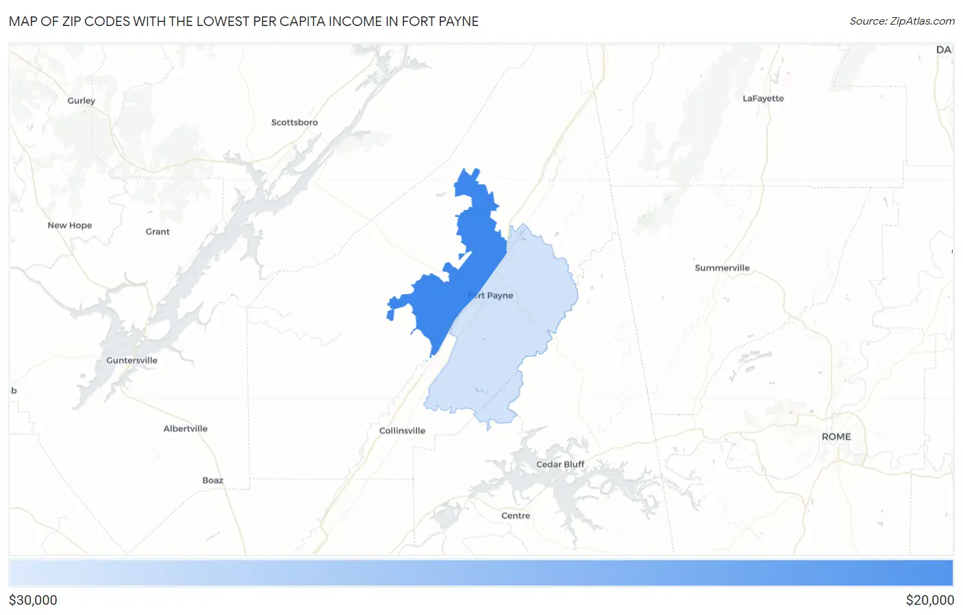Zip Codes with the Lowest Per Capita Income in Fort Payne Map