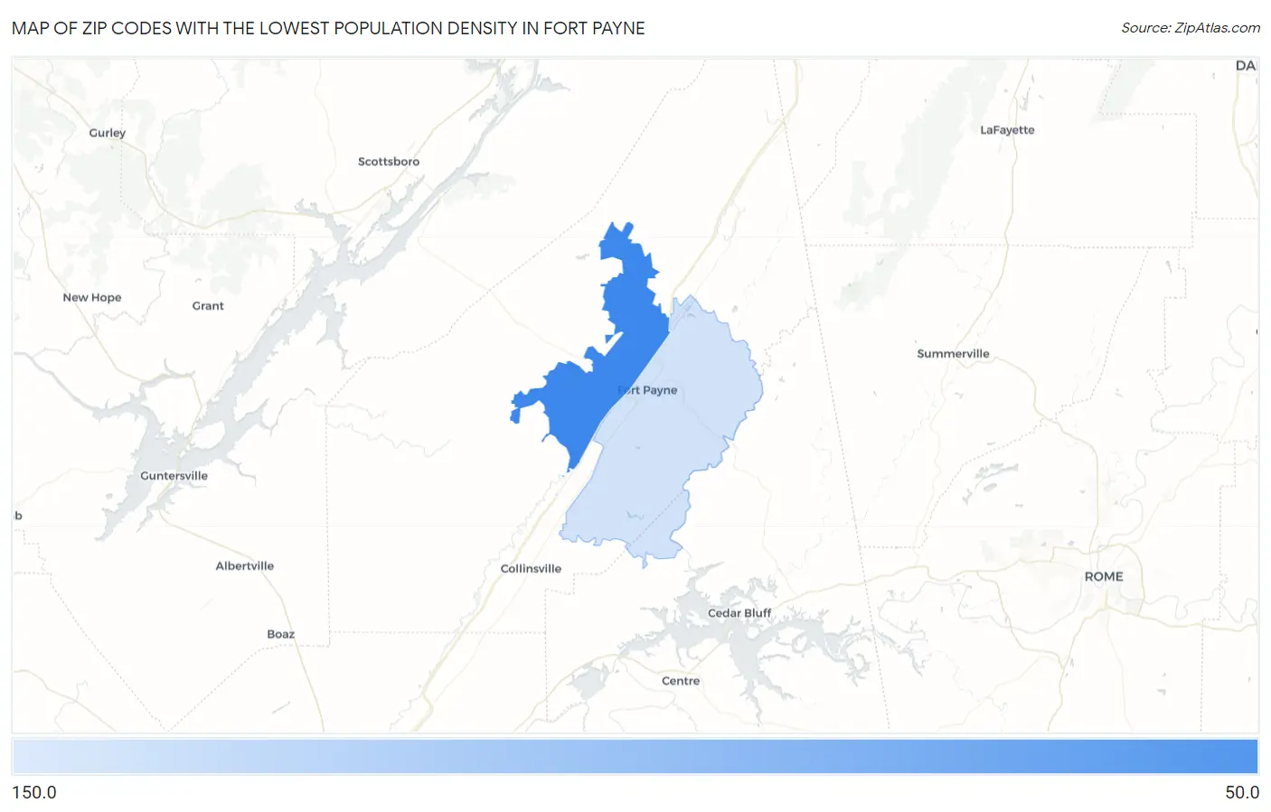 Zip Codes with the Lowest Population Density in Fort Payne Map