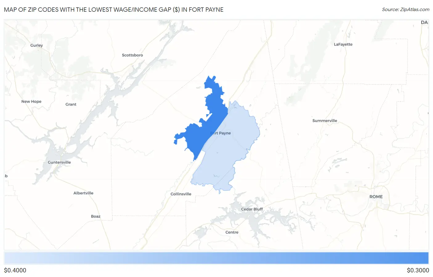 Zip Codes with the Lowest Wage/Income Gap ($) in Fort Payne Map