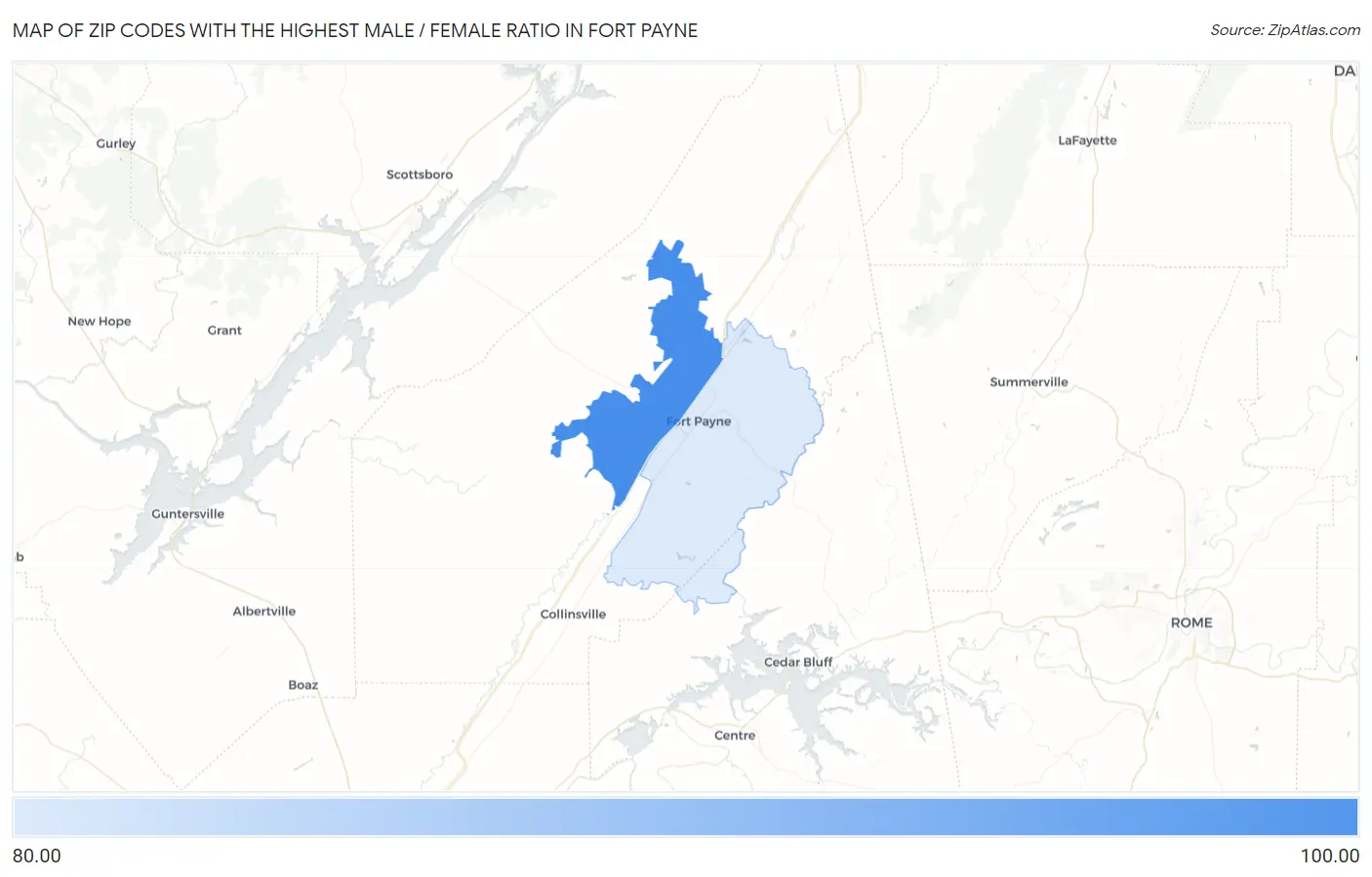 Zip Codes with the Highest Male / Female Ratio in Fort Payne Map