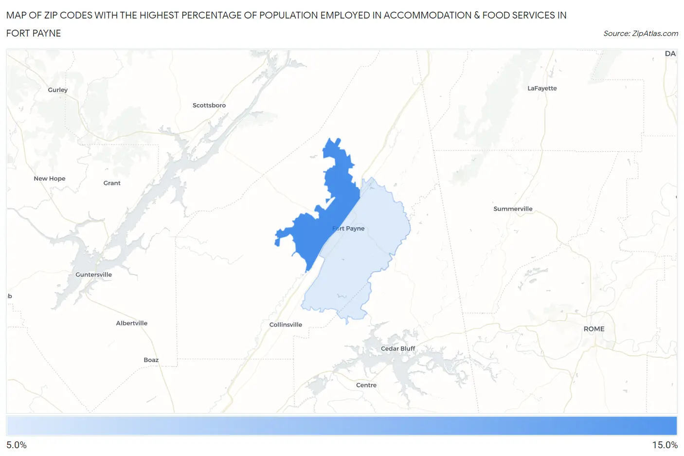Zip Codes with the Highest Percentage of Population Employed in Accommodation & Food Services in Fort Payne Map