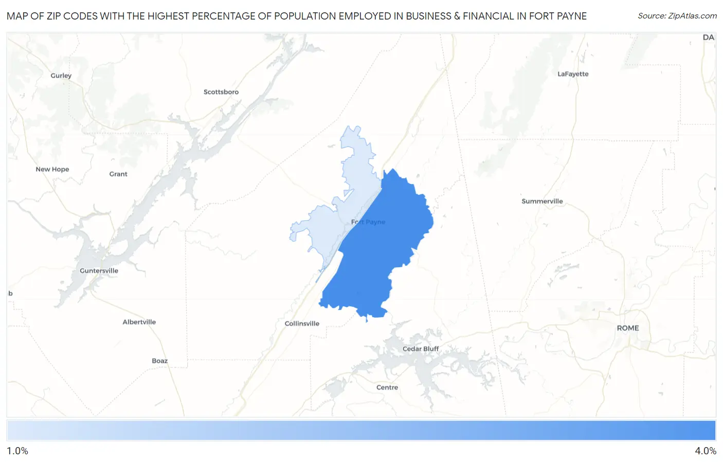 Zip Codes with the Highest Percentage of Population Employed in Business & Financial in Fort Payne Map