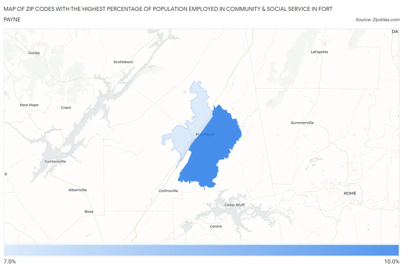 Zip Codes with the Highest Percentage of Population Employed in Community & Social Service  in Fort Payne Map