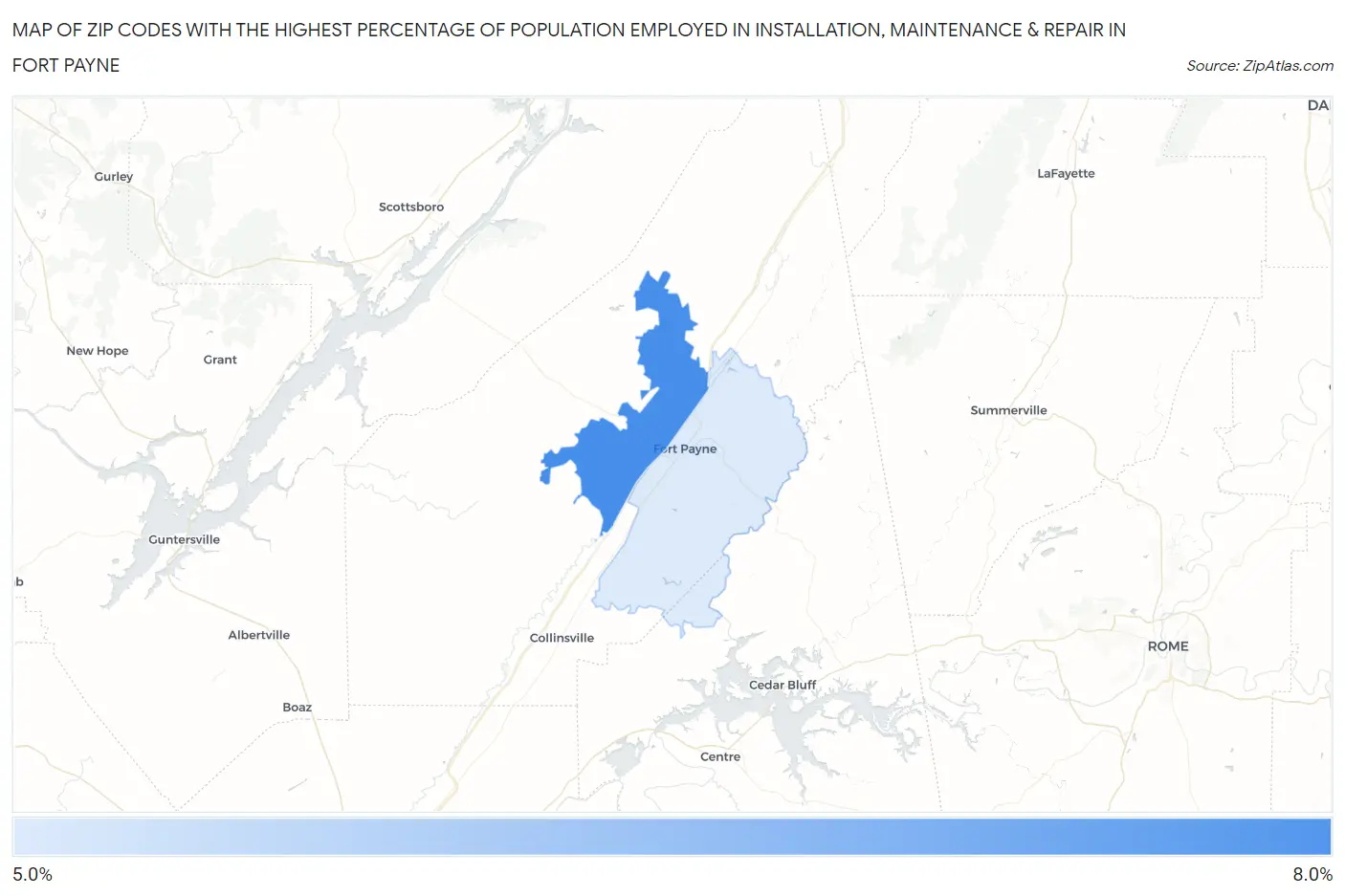 Zip Codes with the Highest Percentage of Population Employed in Installation, Maintenance & Repair in Fort Payne Map