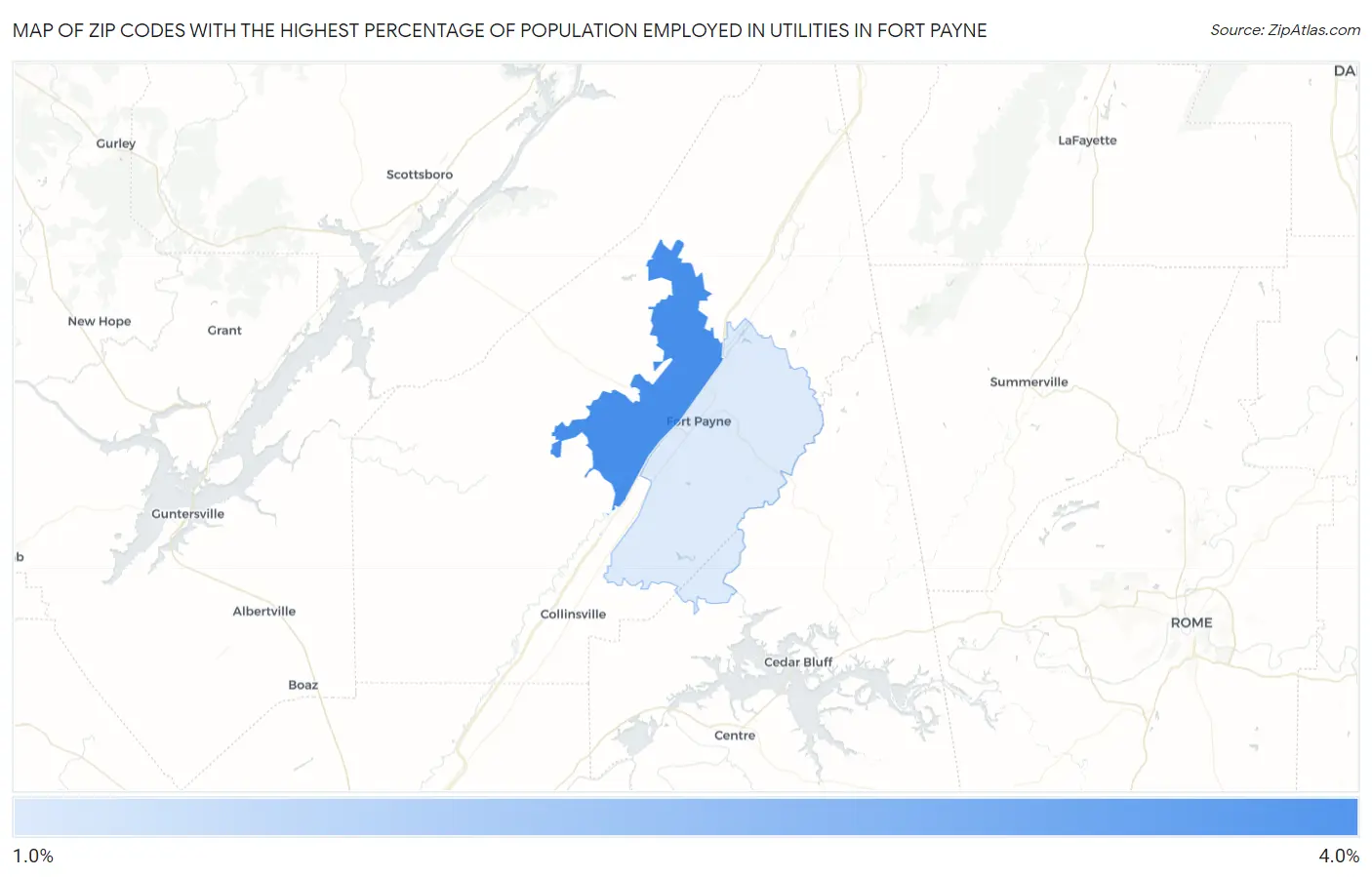 Zip Codes with the Highest Percentage of Population Employed in Utilities in Fort Payne Map