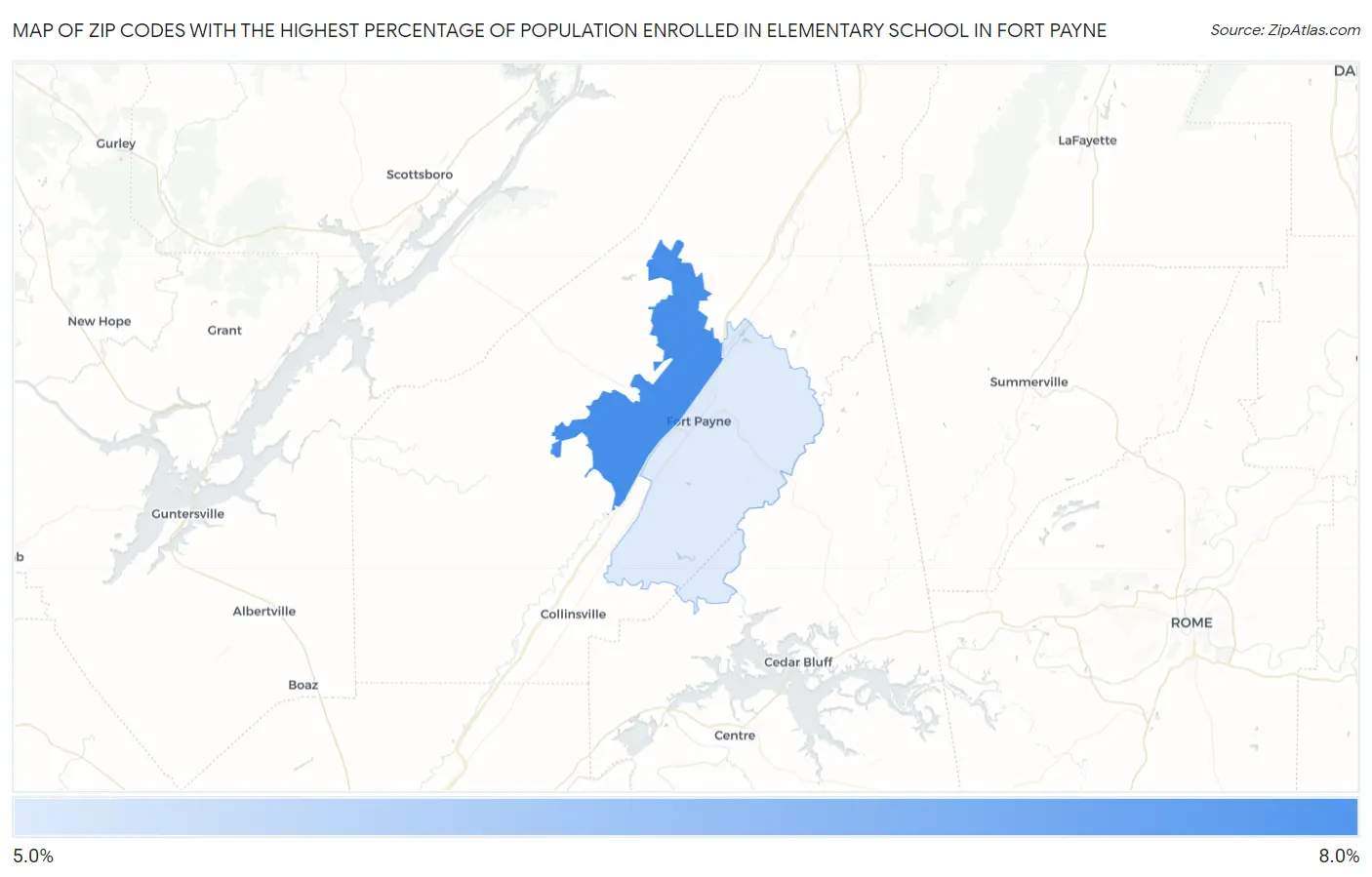 Zip Codes with the Highest Percentage of Population Enrolled in Elementary School in Fort Payne Map