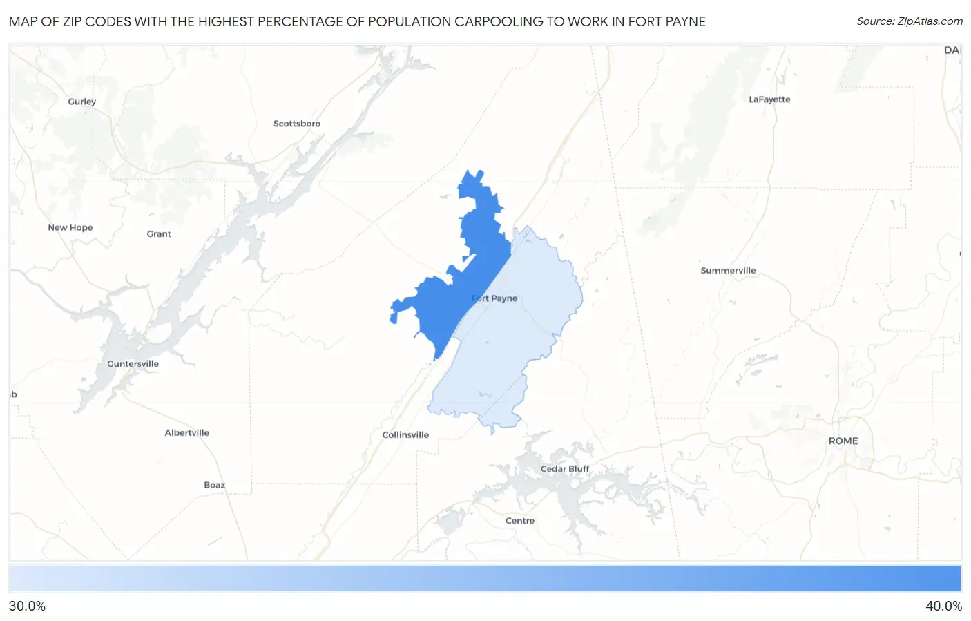 Zip Codes with the Highest Percentage of Population Carpooling to Work in Fort Payne Map