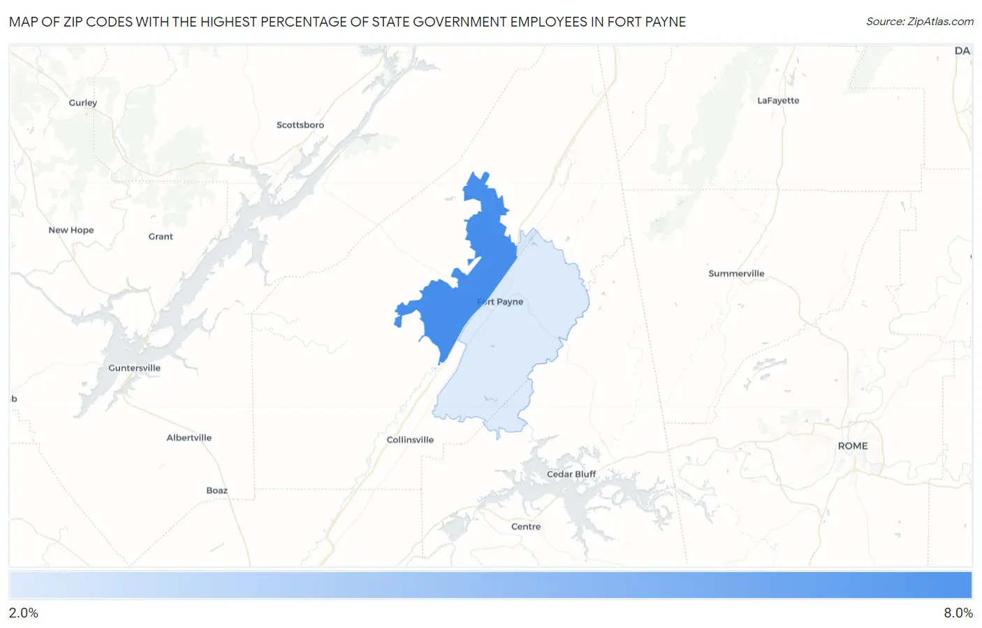 Zip Codes with the Highest Percentage of State Government Employees in Fort Payne Map