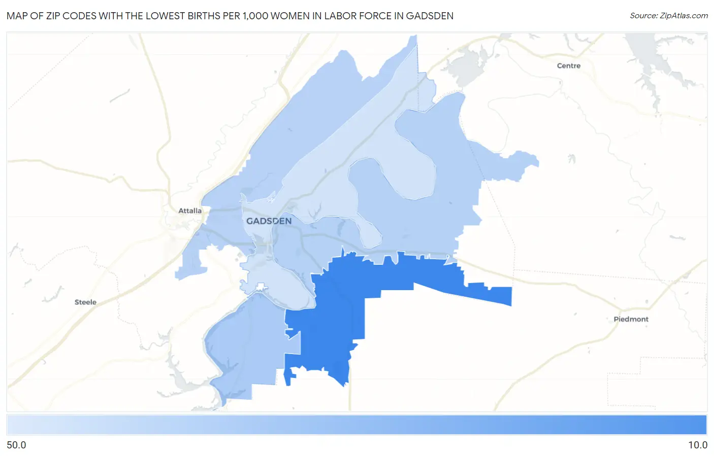 Zip Codes with the Lowest Births per 1,000 Women in Labor Force in Gadsden Map