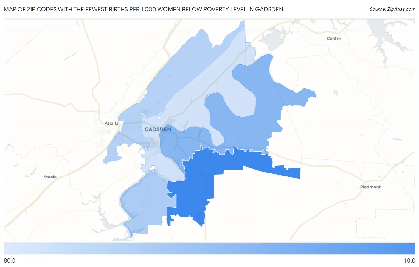 Zip Codes with the Fewest Births per 1,000 Women Below Poverty Level in Gadsden Map