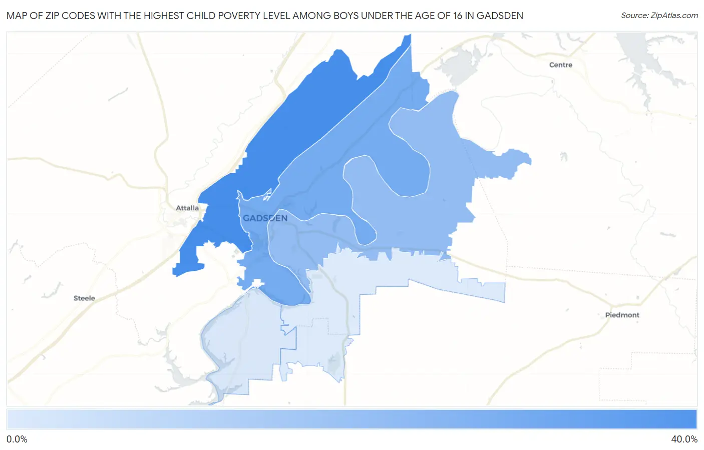 Zip Codes with the Highest Child Poverty Level Among Boys Under the Age of 16 in Gadsden Map