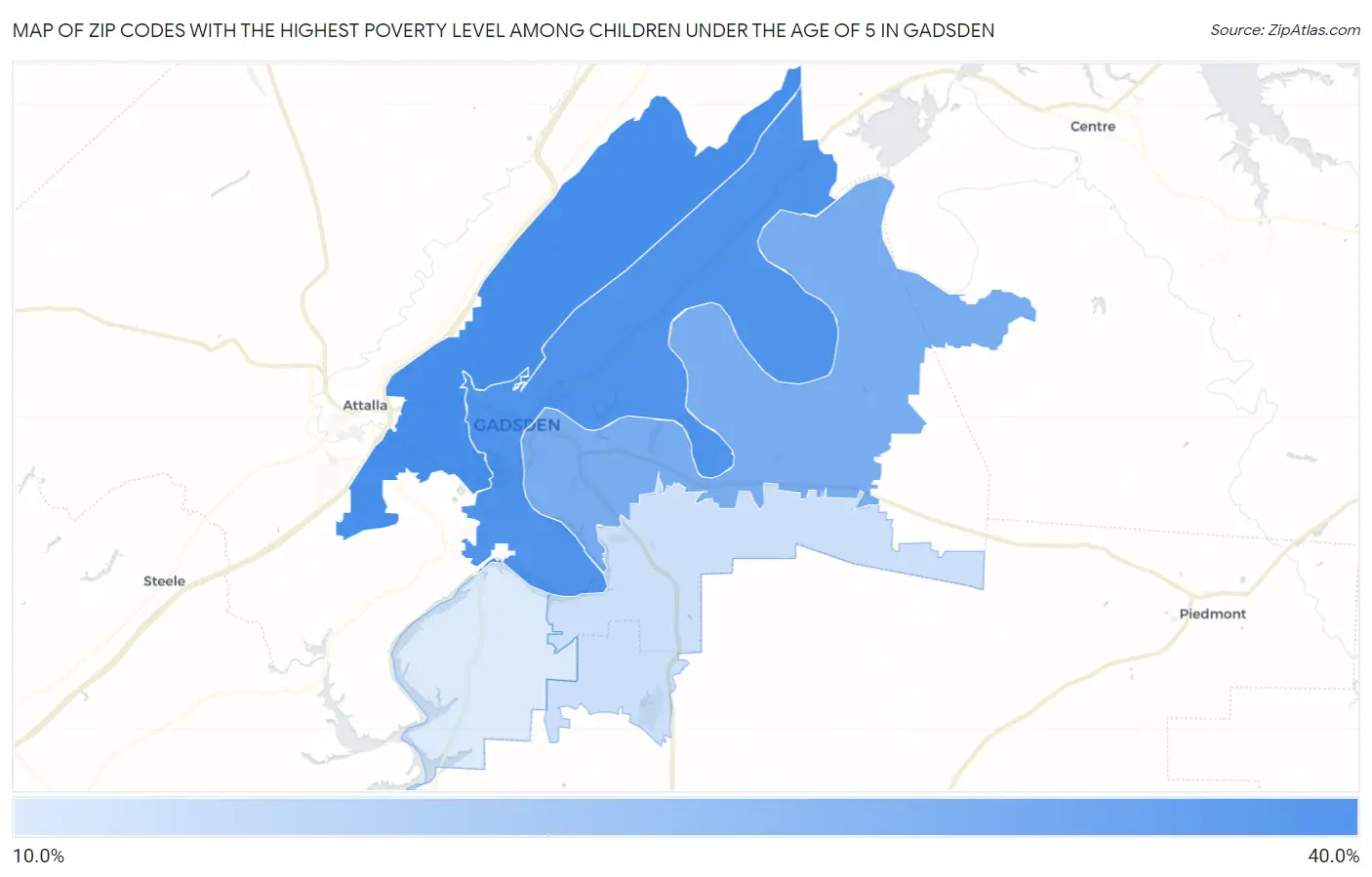 Zip Codes with the Highest Poverty Level Among Children Under the Age of 5 in Gadsden Map