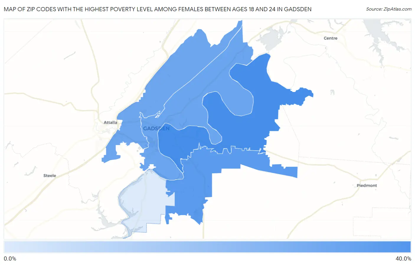Zip Codes with the Highest Poverty Level Among Females Between Ages 18 and 24 in Gadsden Map