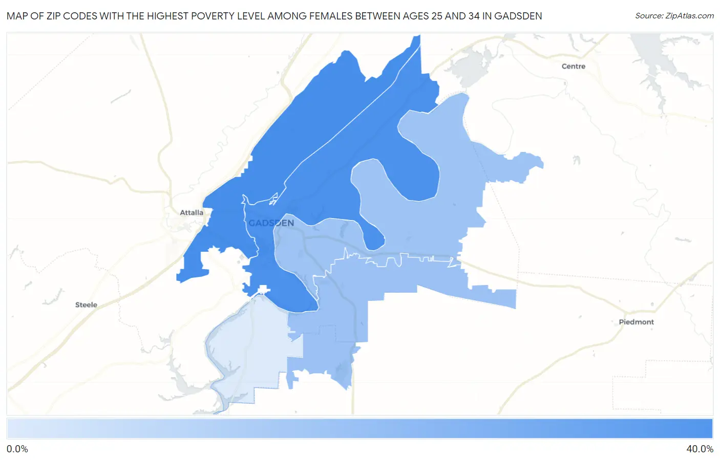 Zip Codes with the Highest Poverty Level Among Females Between Ages 25 and 34 in Gadsden Map