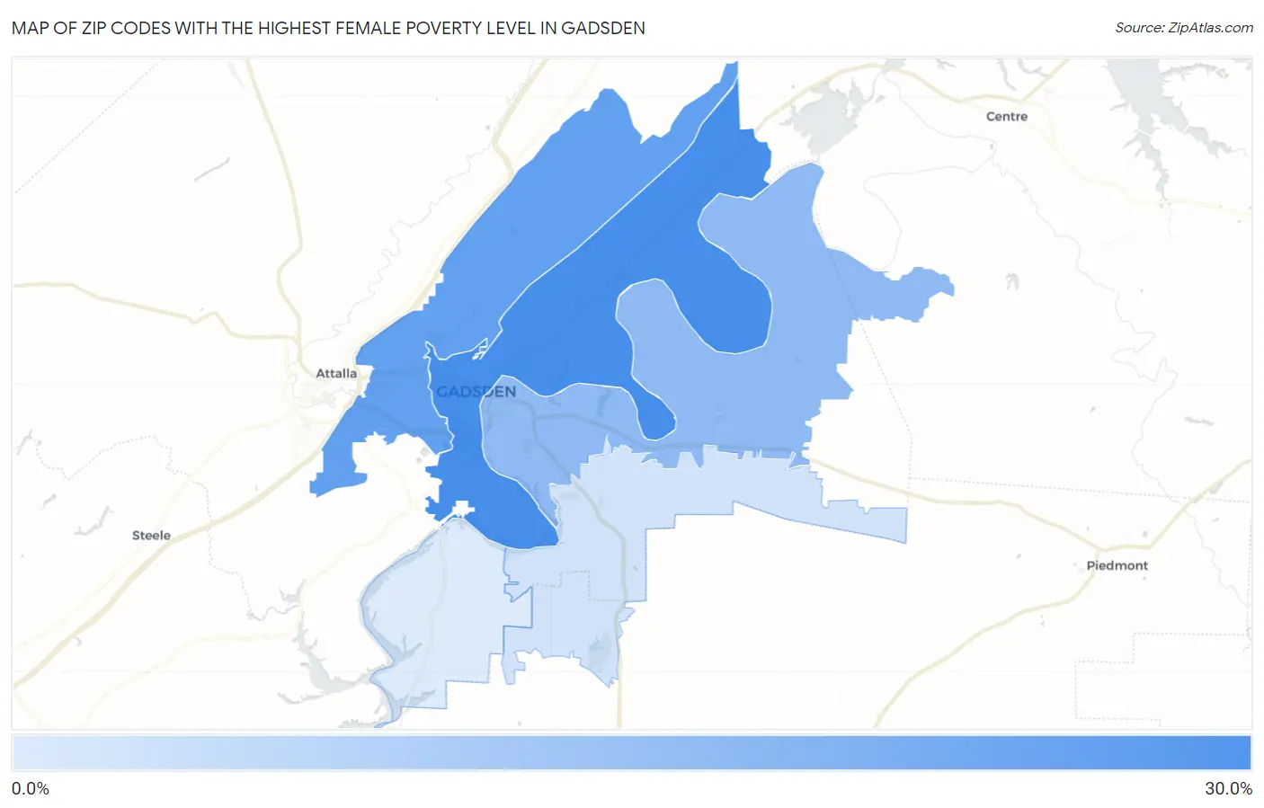 Zip Codes with the Highest Female Poverty Level in Gadsden Map