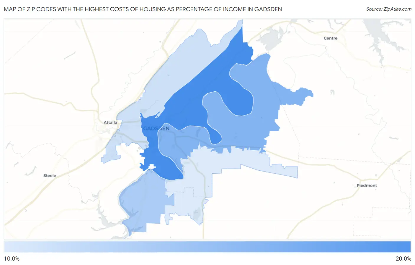 Zip Codes with the Highest Costs of Housing as Percentage of Income in Gadsden Map