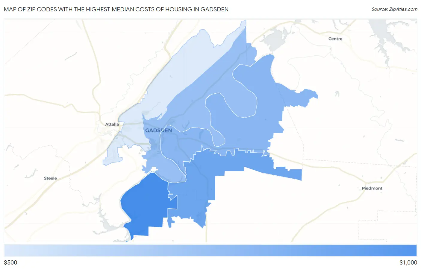 Zip Codes with the Highest Median Costs of Housing in Gadsden Map