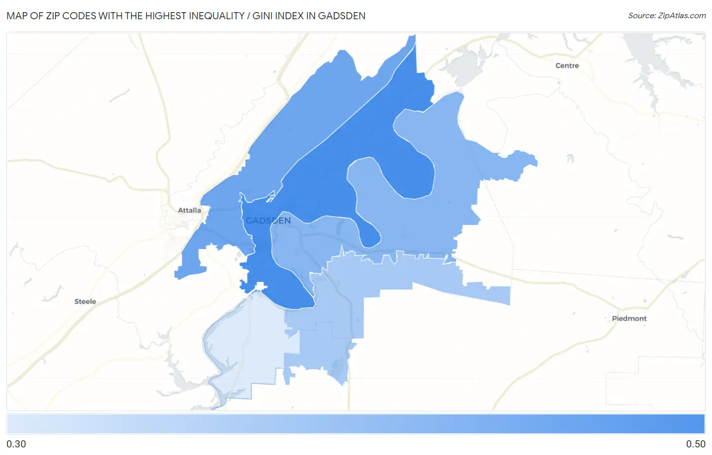 Zip Codes with the Highest Inequality / Gini Index in Gadsden Map