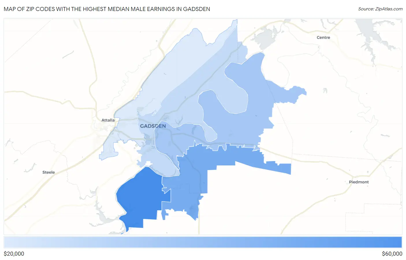 Zip Codes with the Highest Median Male Earnings in Gadsden Map