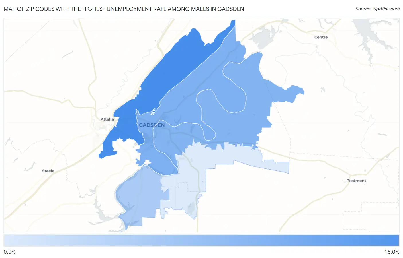Zip Codes with the Highest Unemployment Rate Among Males in Gadsden Map