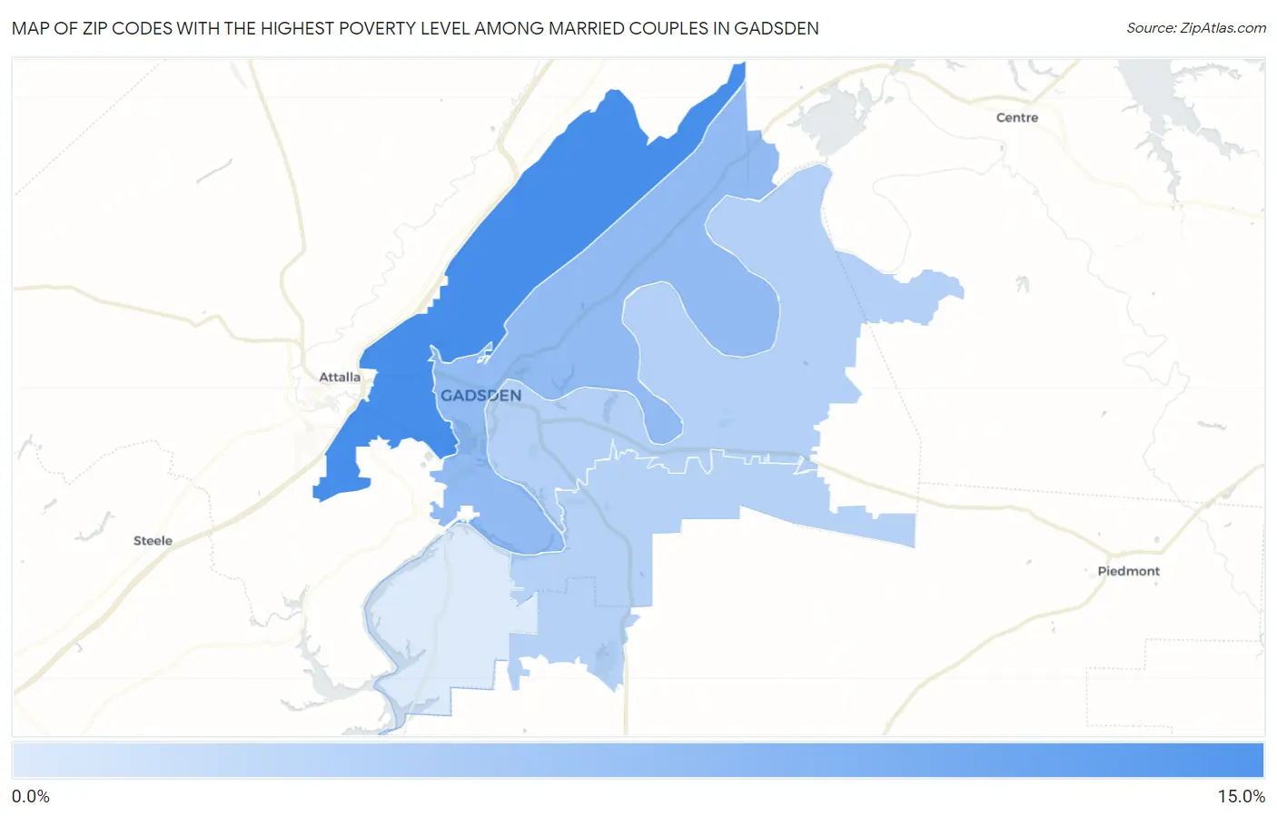 Zip Codes with the Highest Poverty Level Among Married Couples in Gadsden Map