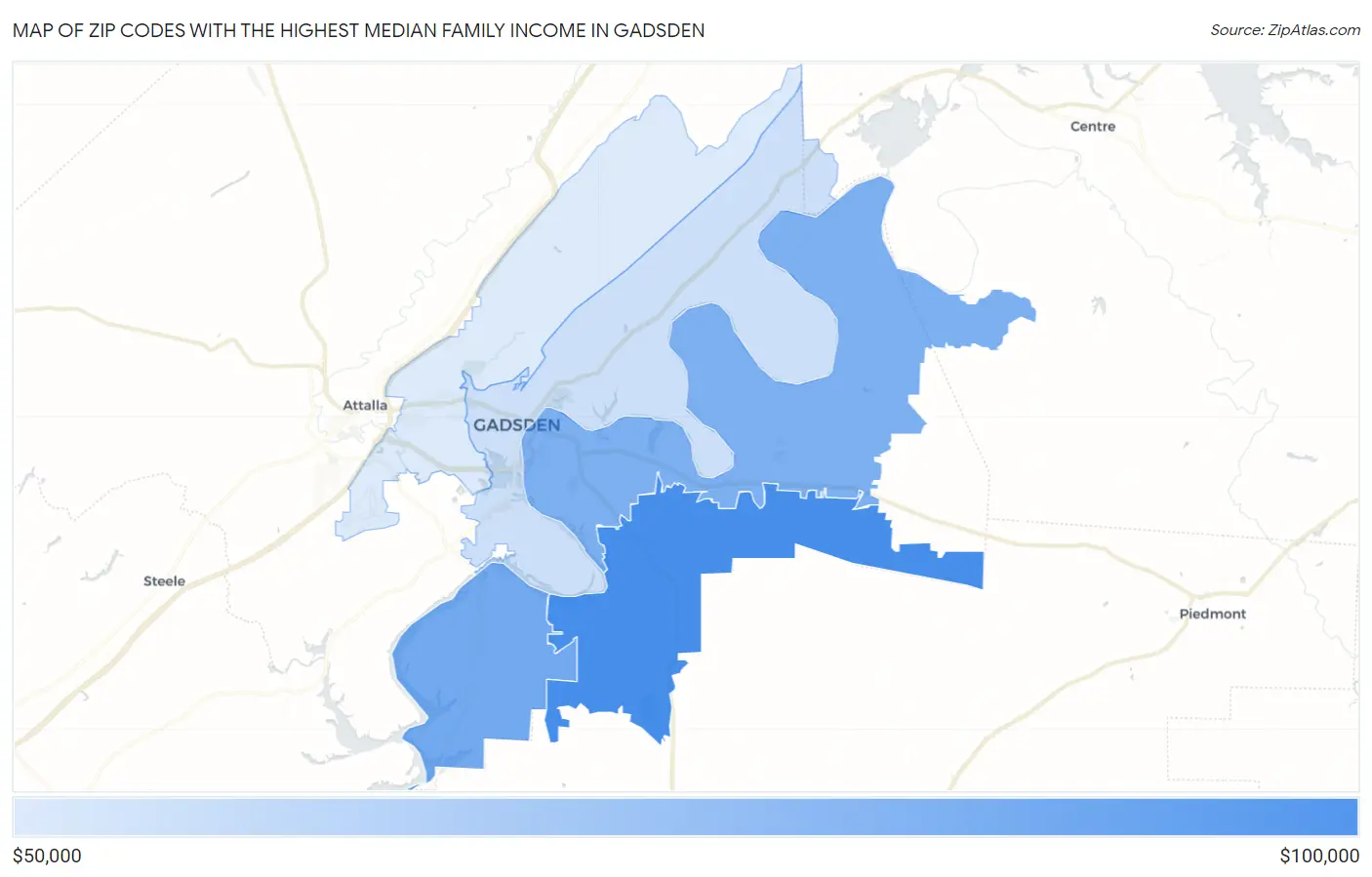 Zip Codes with the Highest Median Family Income in Gadsden Map
