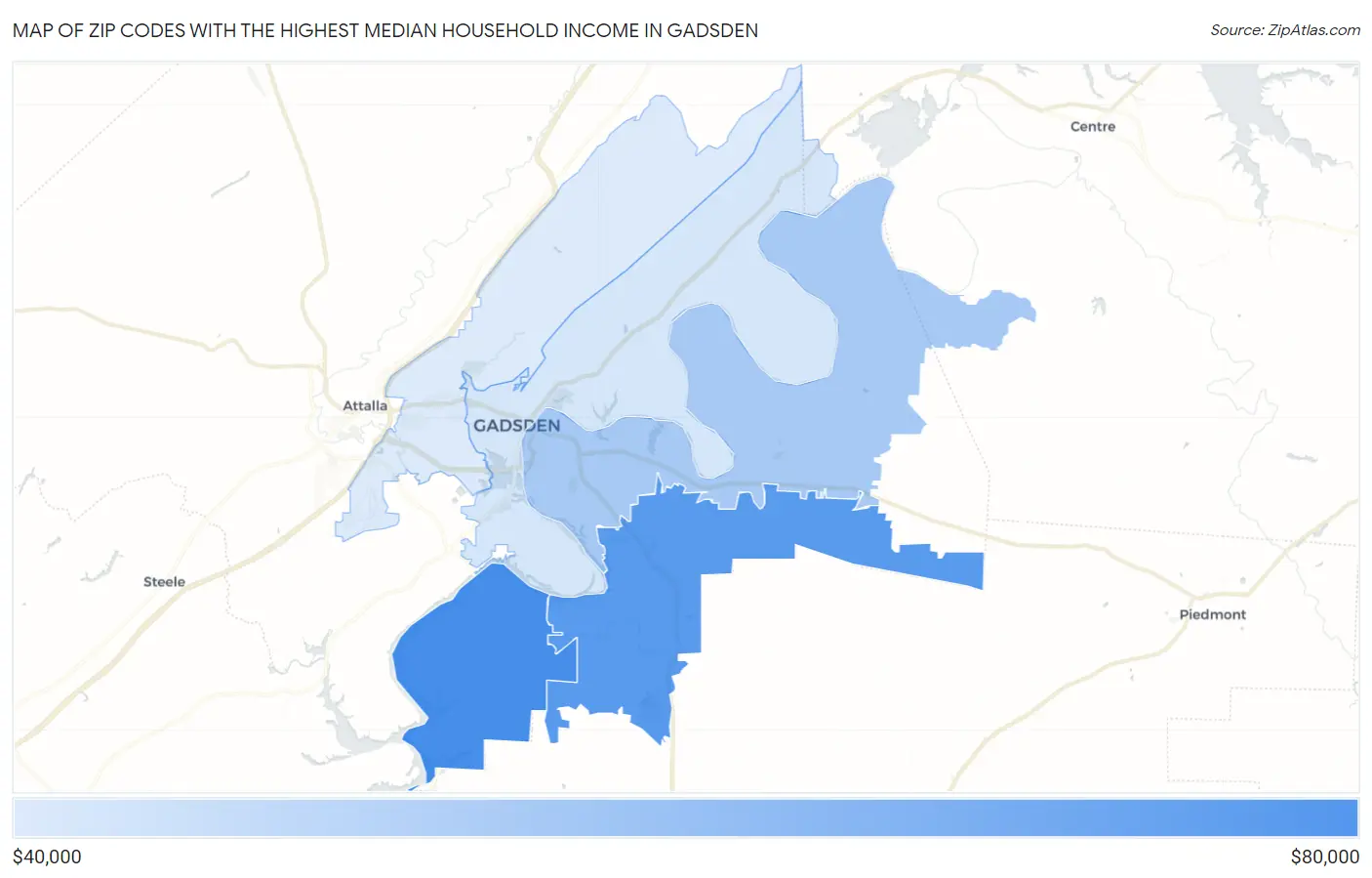 Zip Codes with the Highest Median Household Income in Gadsden Map