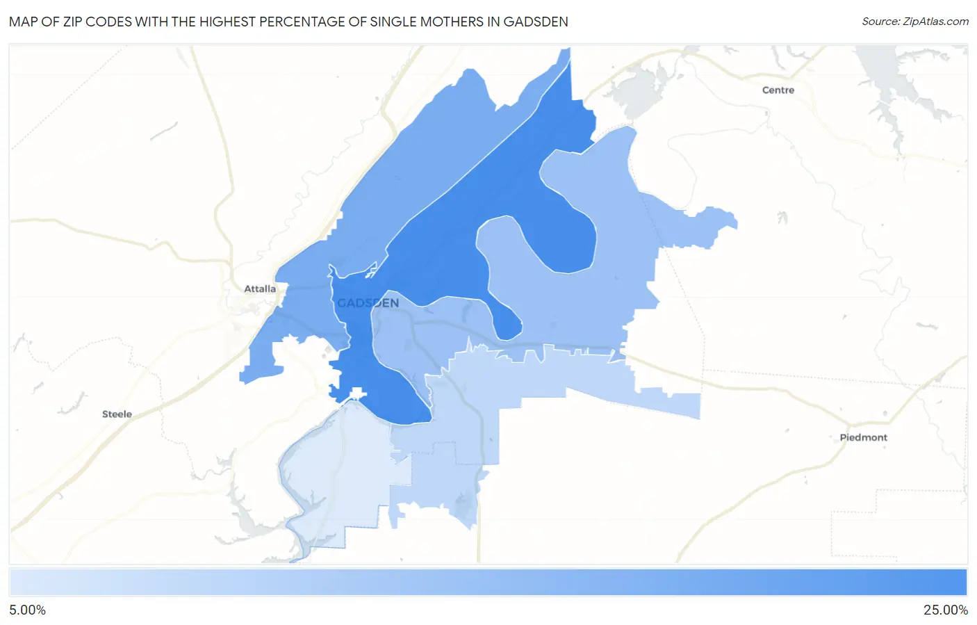 Zip Codes with the Highest Percentage of Single Mothers in Gadsden Map