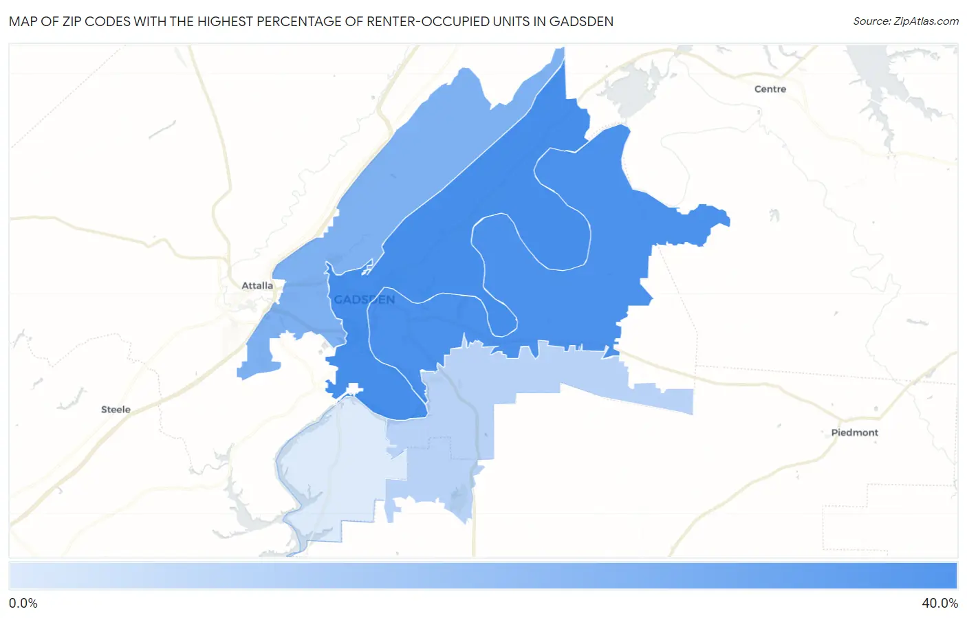 Zip Codes with the Highest Percentage of Renter-Occupied Units in Gadsden Map