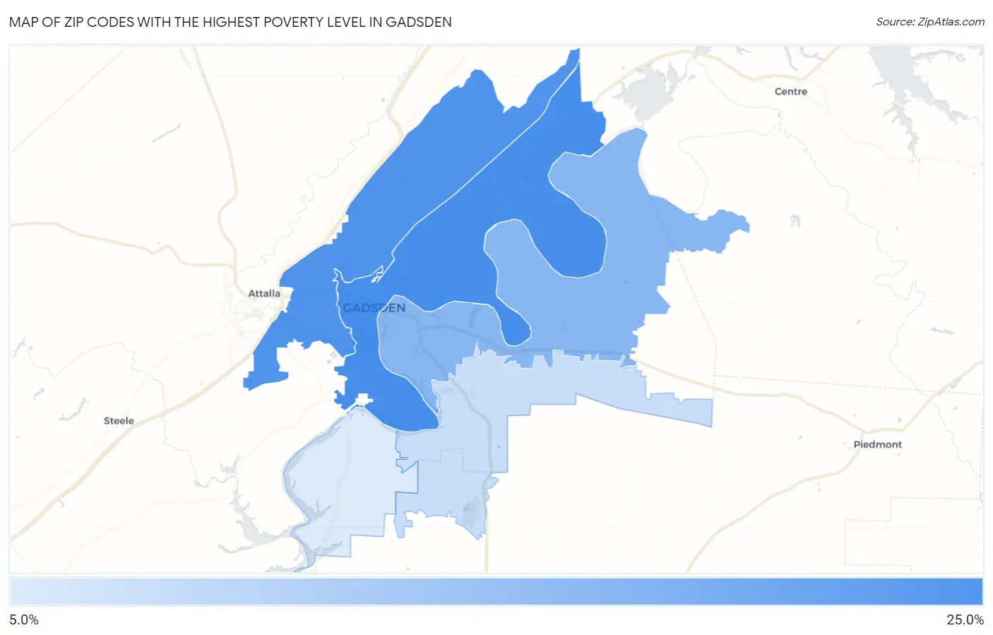 Zip Codes with the Highest Poverty Level in Gadsden Map