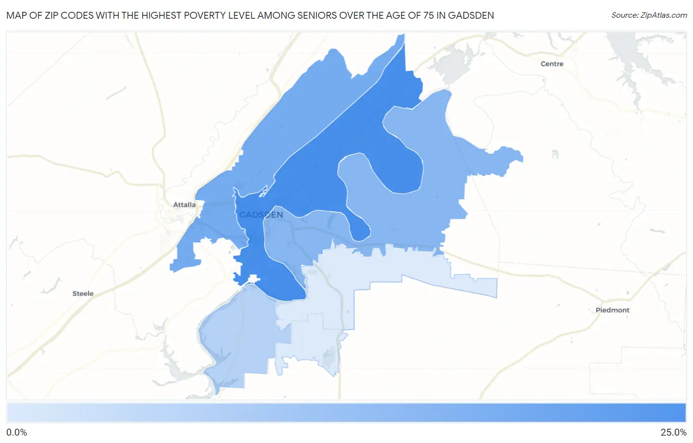 Zip Codes with the Highest Poverty Level Among Seniors Over the Age of 75 in Gadsden Map