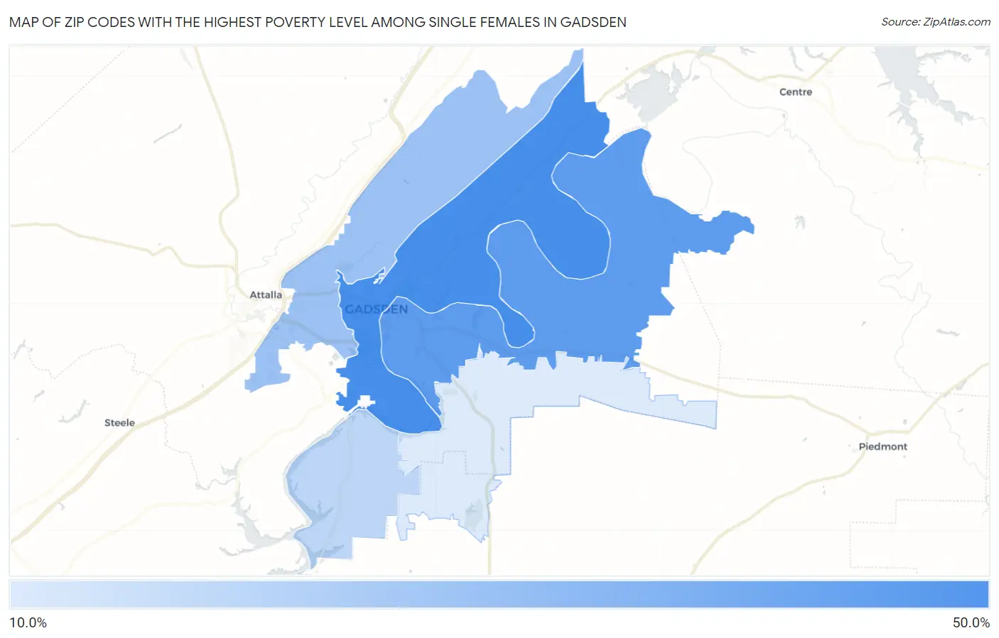 Zip Codes with the Highest Poverty Level Among Single Females in Gadsden Map