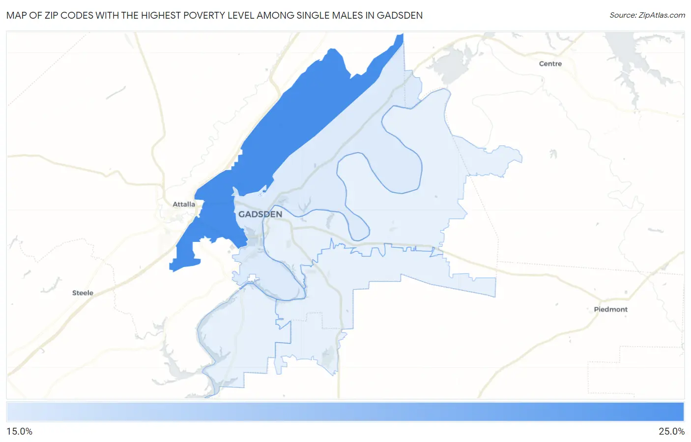 Zip Codes with the Highest Poverty Level Among Single Males in Gadsden Map