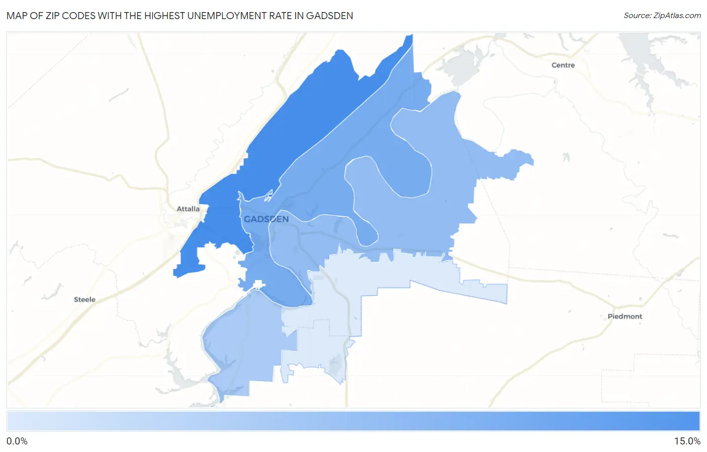 Zip Codes with the Highest Unemployment Rate in Gadsden Map