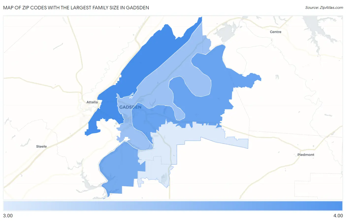 Zip Codes with the Largest Family Size in Gadsden Map
