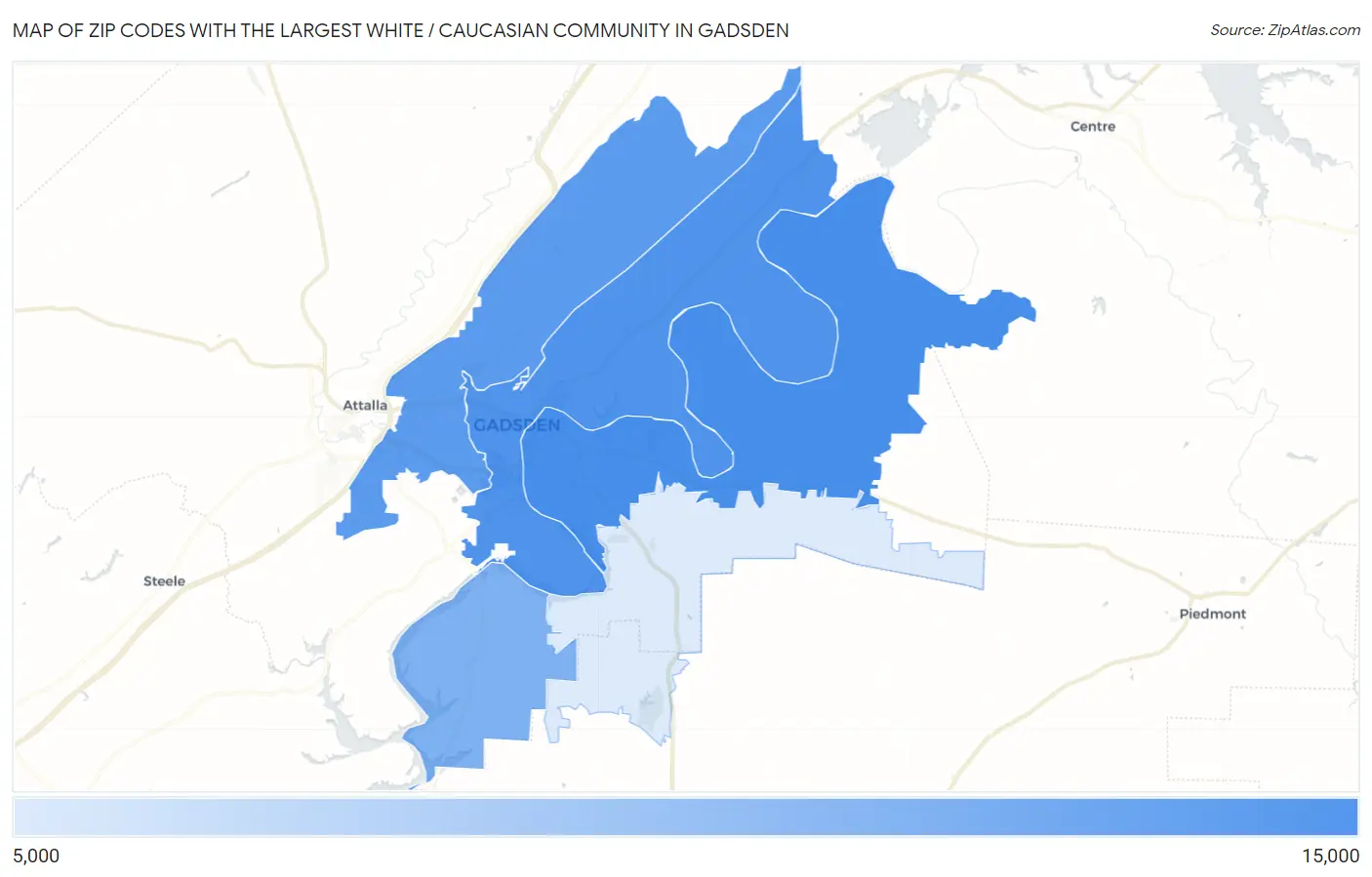 Zip Codes with the Largest White / Caucasian Community in Gadsden Map