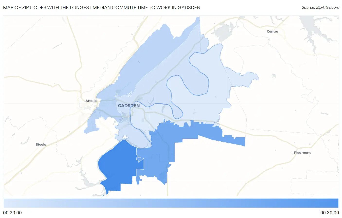 Zip Codes with the Longest Median Commute Time to Work in Gadsden Map