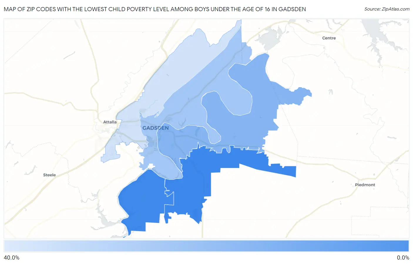 Zip Codes with the Lowest Child Poverty Level Among Boys Under the Age of 16 in Gadsden Map
