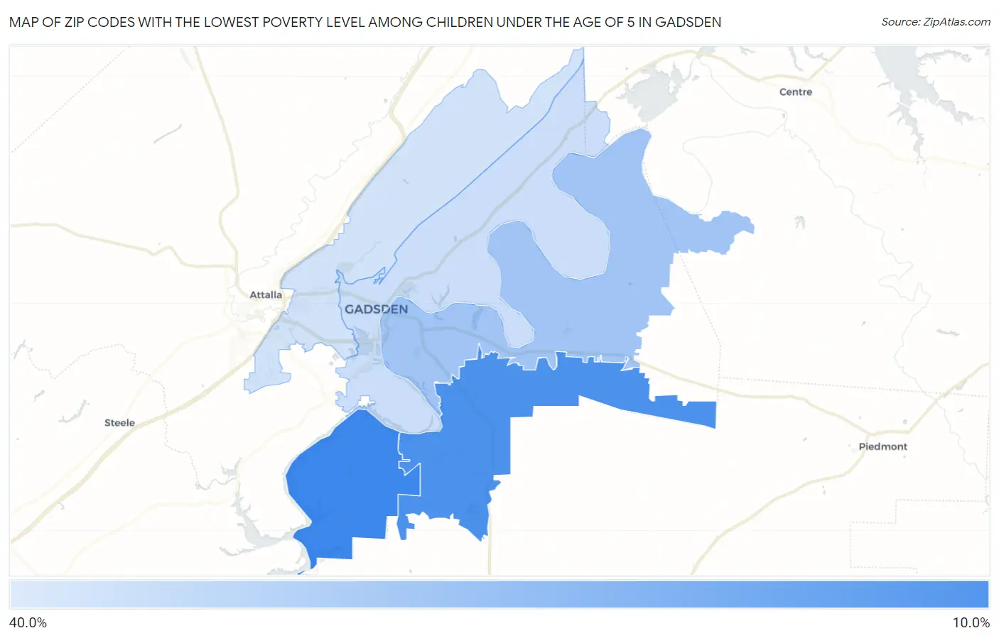 Zip Codes with the Lowest Poverty Level Among Children Under the Age of 5 in Gadsden Map