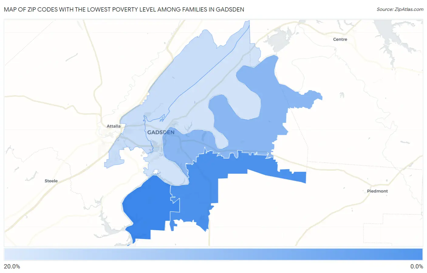 Zip Codes with the Lowest Poverty Level Among Families in Gadsden Map