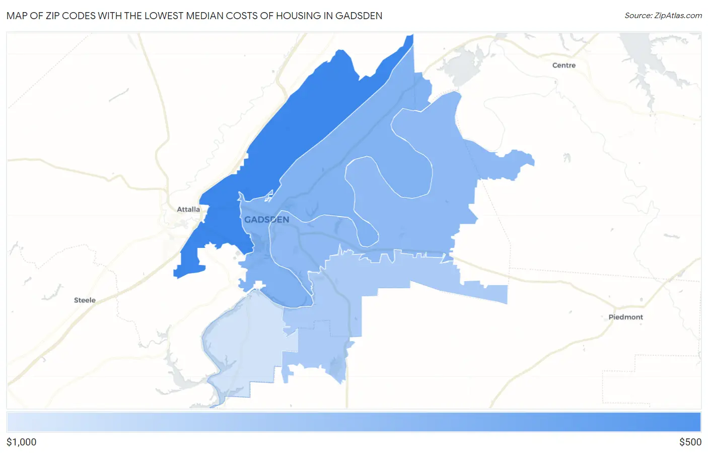 Zip Codes with the Lowest Median Costs of Housing in Gadsden Map