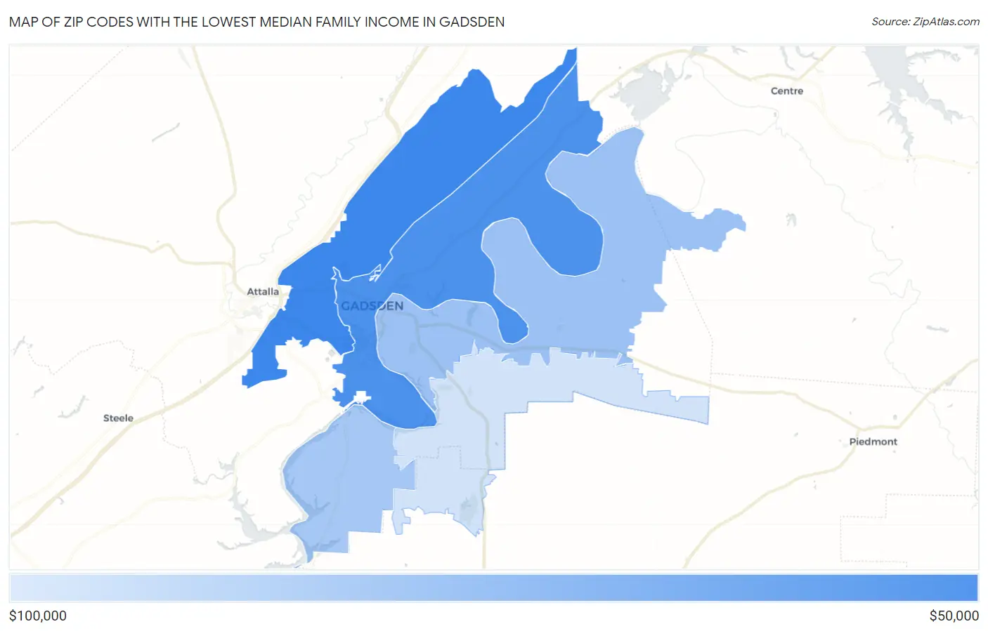Zip Codes with the Lowest Median Family Income in Gadsden Map