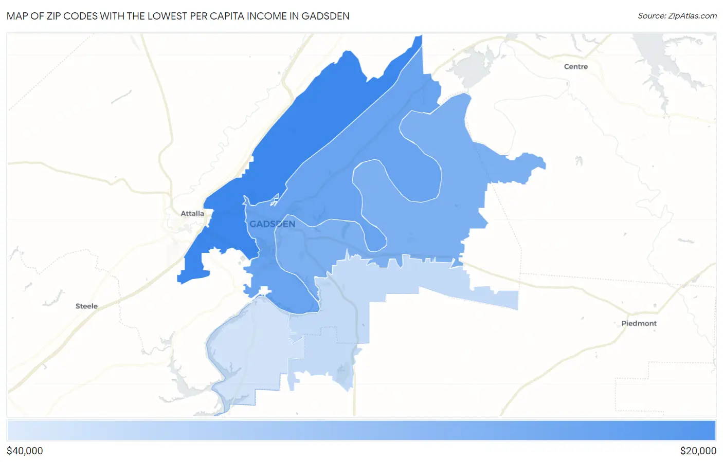 Zip Codes with the Lowest Per Capita Income in Gadsden Map